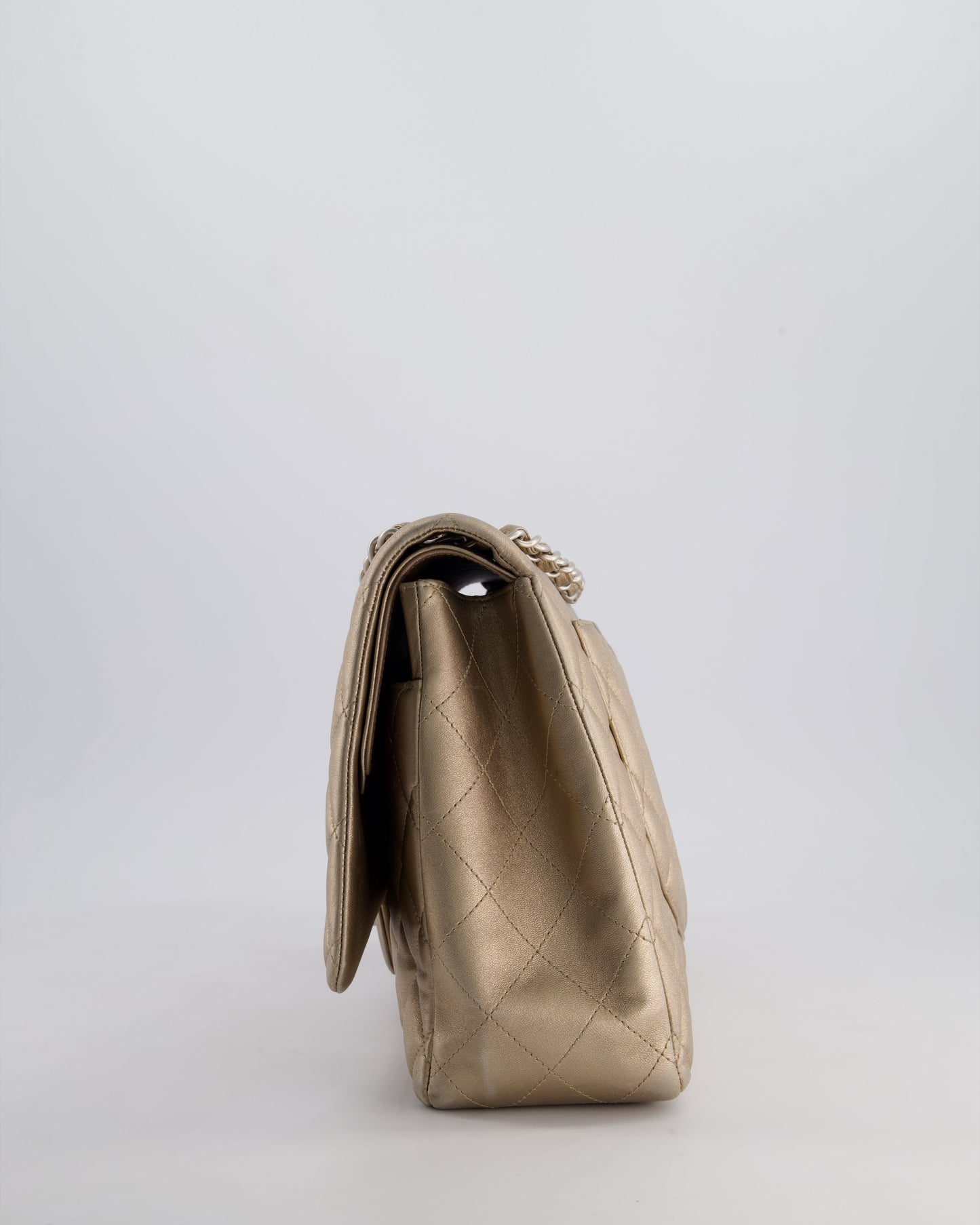 Chanel Metallic Gold Maxi Classic Double Flap Bag in Calfskin Leather with Brushed Silver Hardware