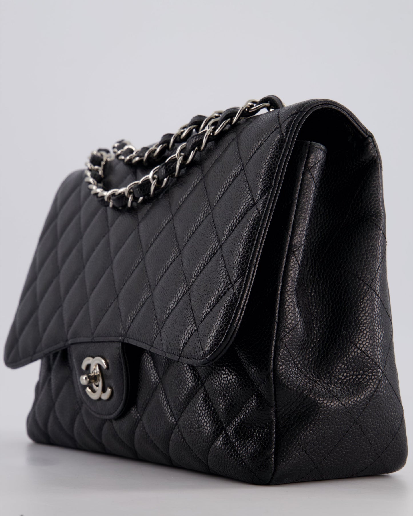 Chanel Black Jumbo Classic Single Flap Bag in Caviar Leather with Silver Hardware
