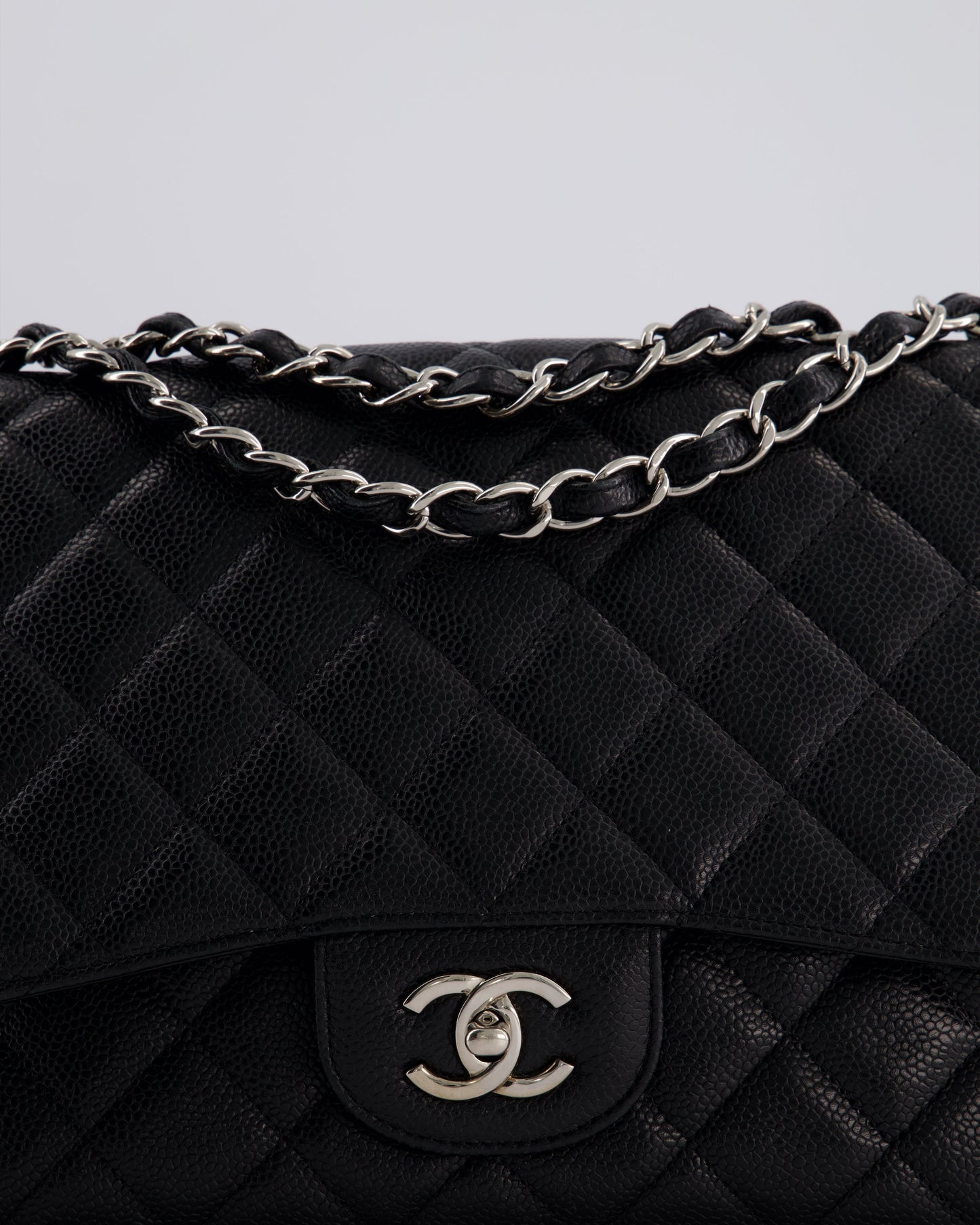Chanel Black Jumbo Classic Single Flap Bag in Caviar Leather with Silver Hardware