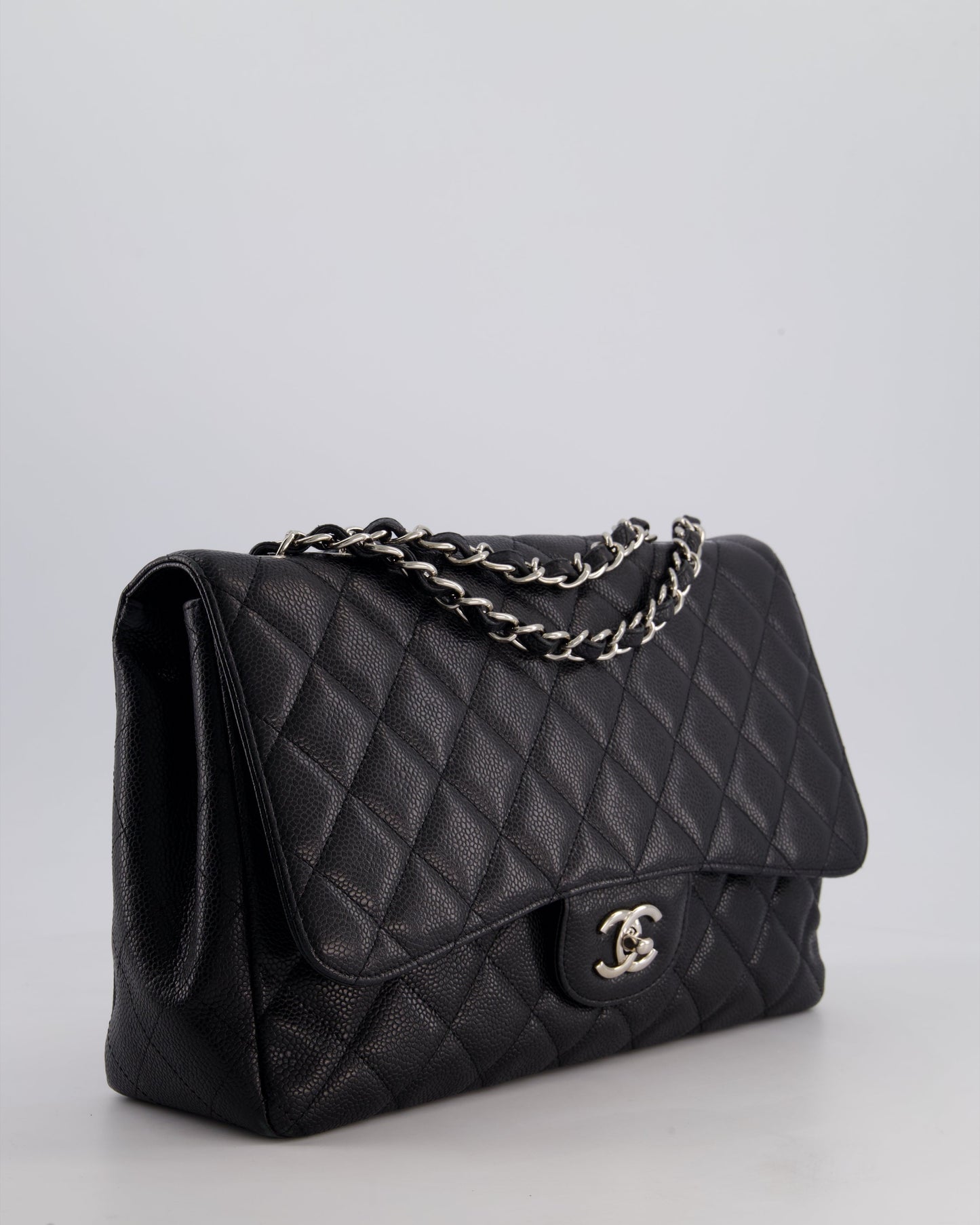 Chanel Black Jumbo Classic Single Flap Bag in Caviar Leather with Silver Hardware