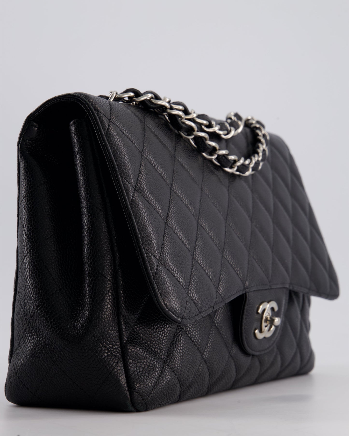 Chanel Black Jumbo Classic Single Flap Bag in Caviar Leather with Silver Hardware
