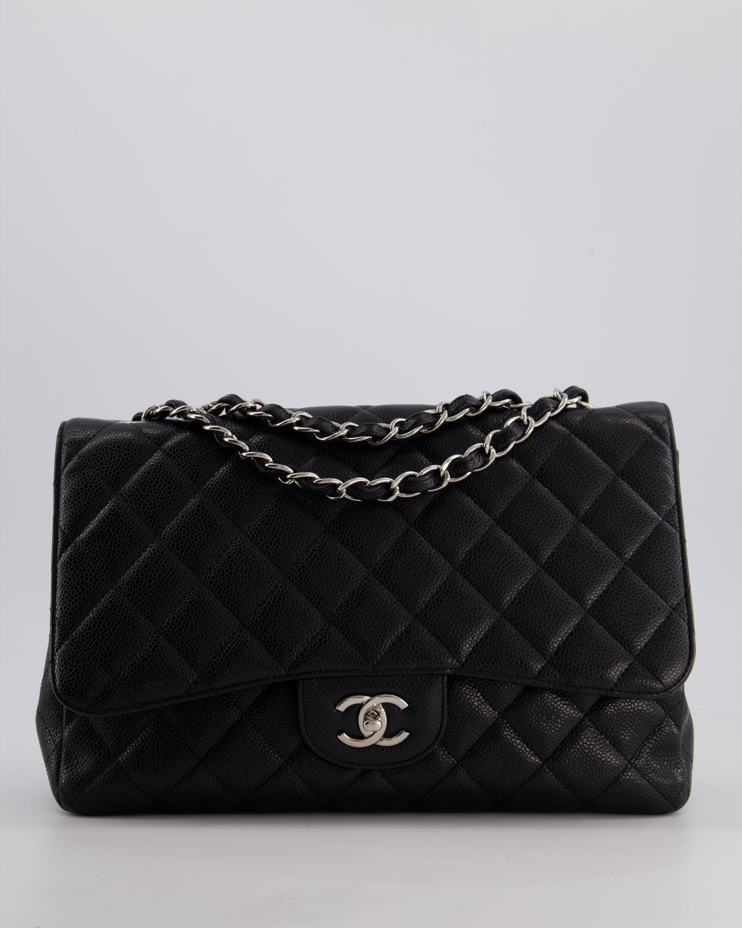 Chanel Black Jumbo Classic Single Flap Bag in Caviar Leather with Silver Hardware