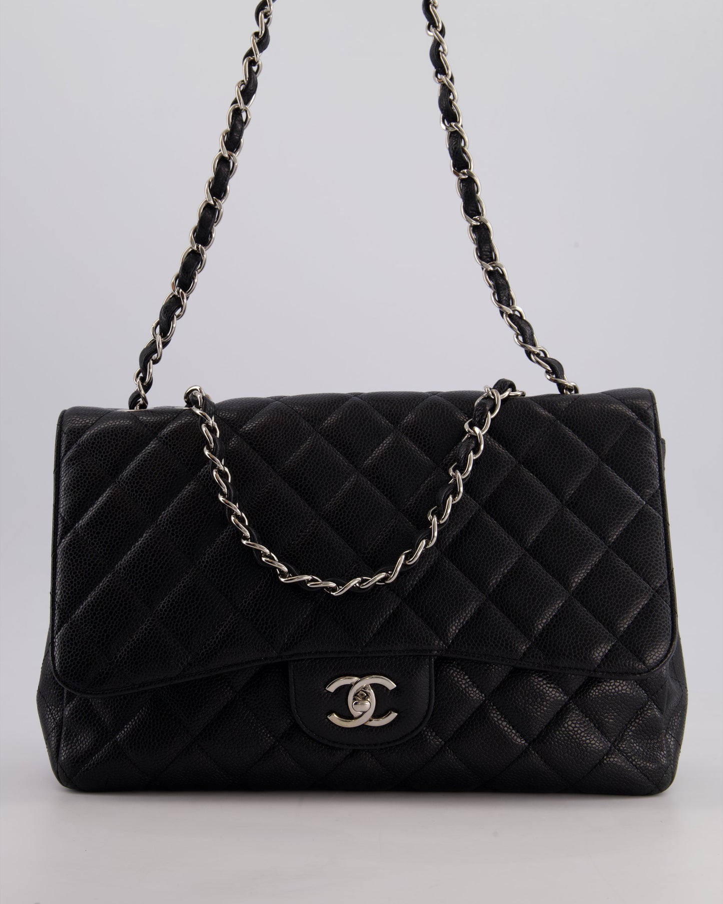 Chanel Black Jumbo Classic Single Flap Bag in Caviar Leather with Silver Hardware