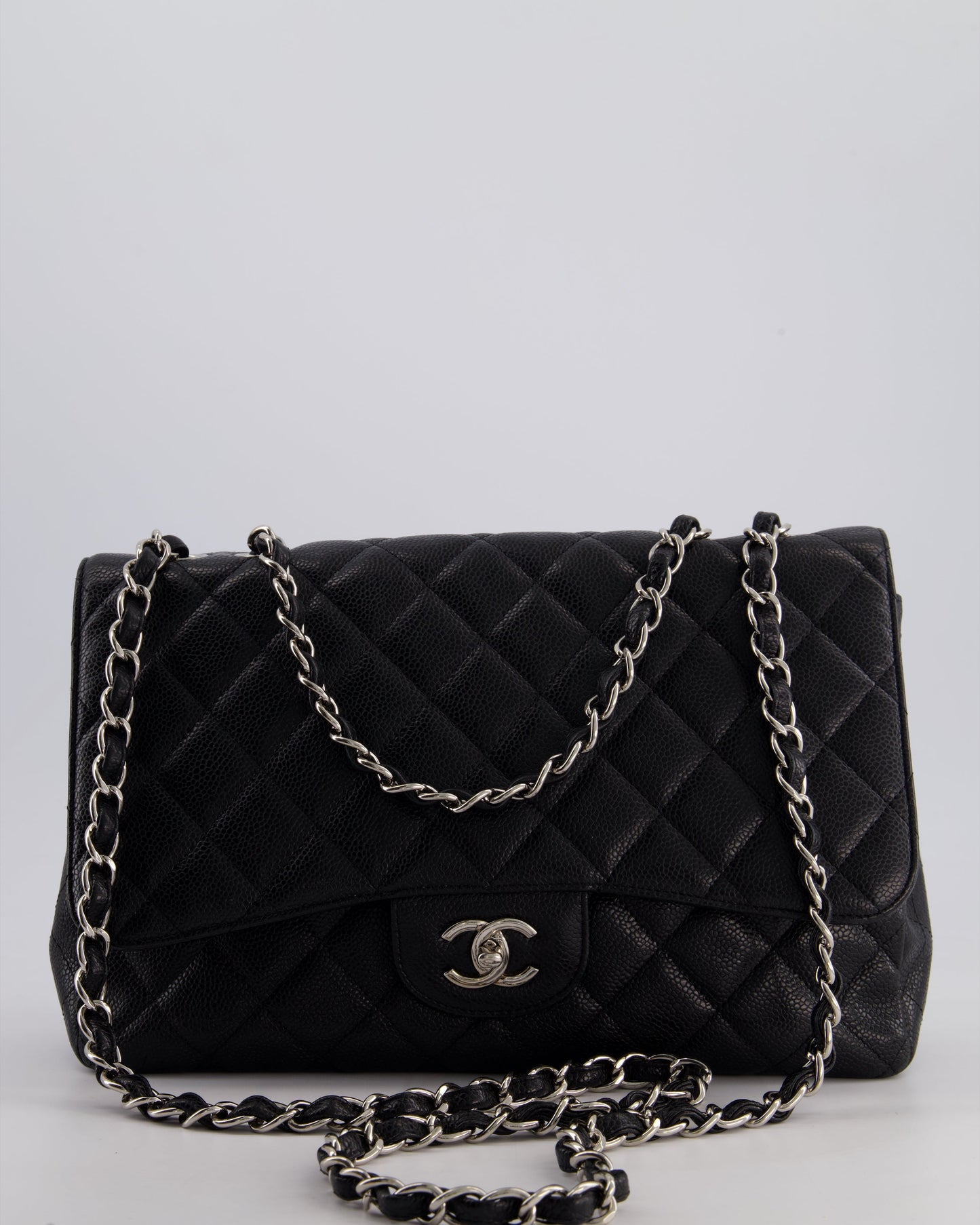 Chanel Black Jumbo Classic Single Flap Bag in Caviar Leather with Silver Hardware