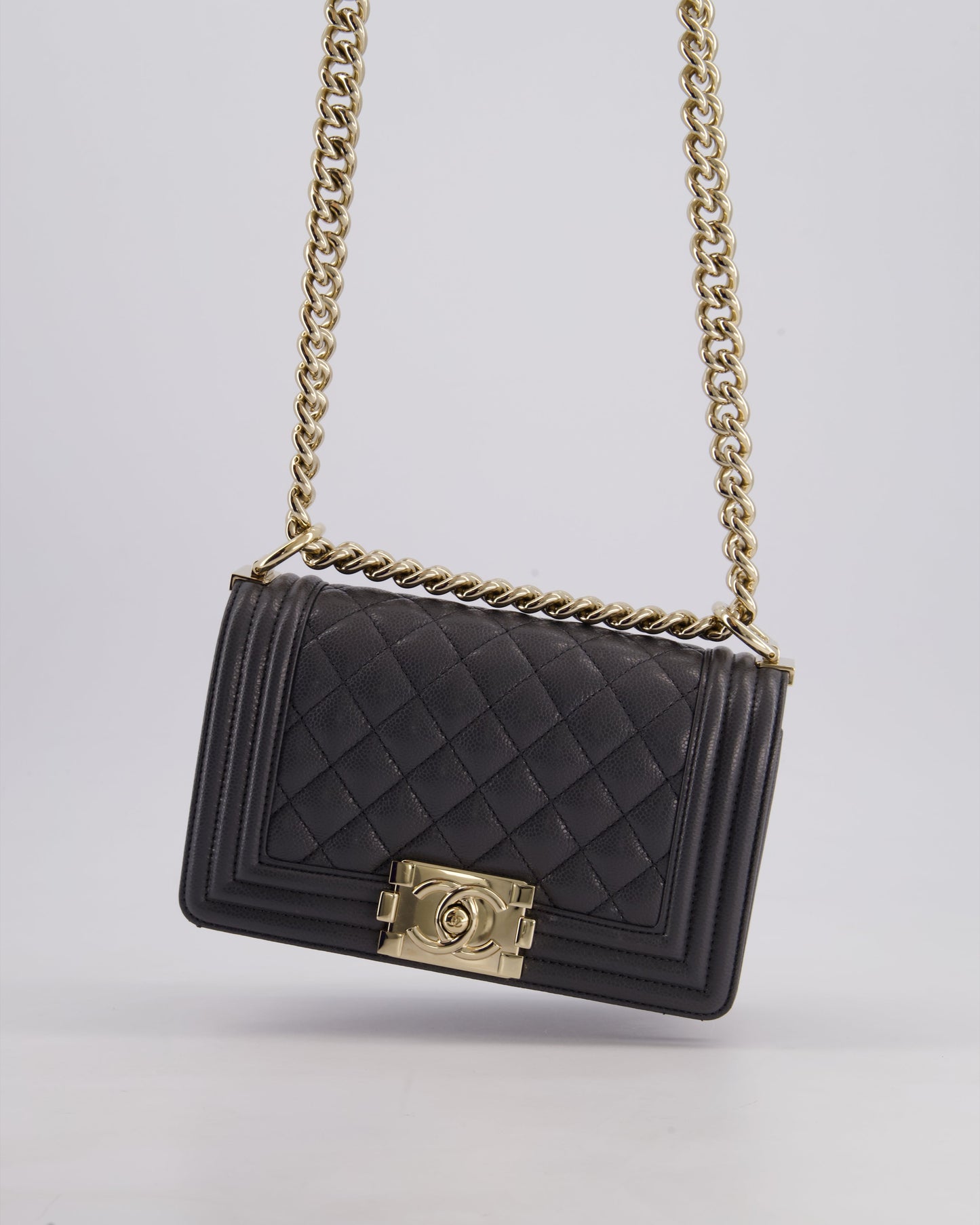 *HOT* Chanel Stone Grey Small Boy Bag in Caviar Leather with Champagne Gold Hardware