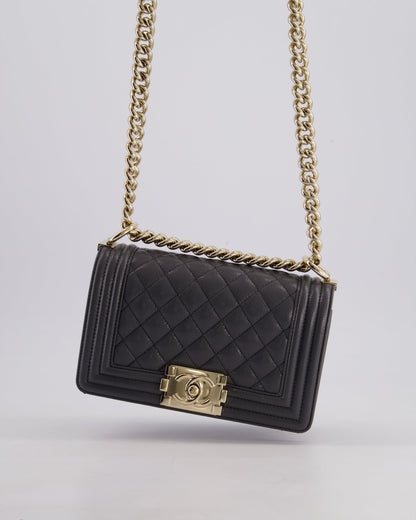 *HOT* Chanel Stone Grey Small Boy Bag in Caviar Leather with Champagne Gold Hardware