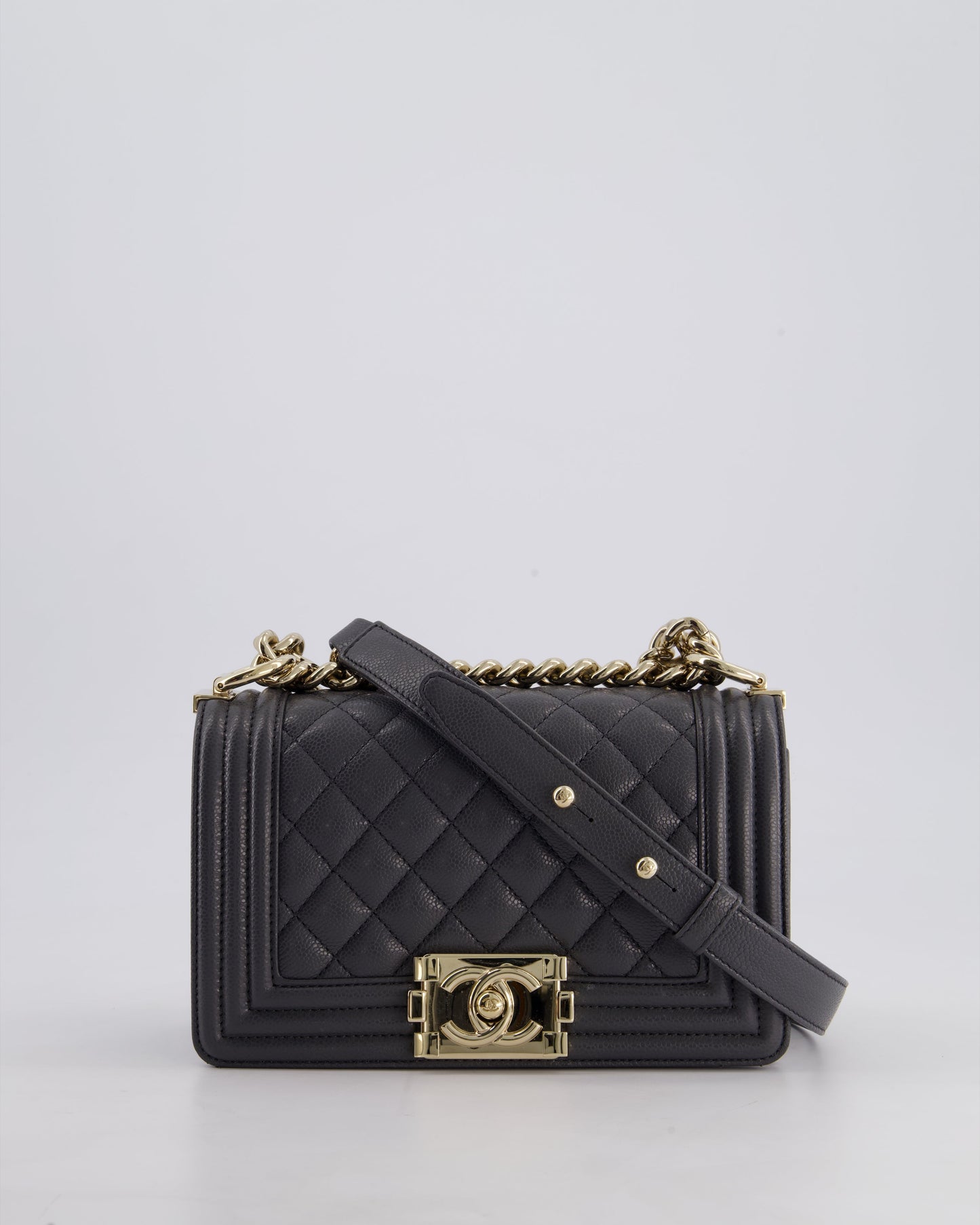 *HOT* Chanel Stone Grey Small Boy Bag in Caviar Leather with Champagne Gold Hardware