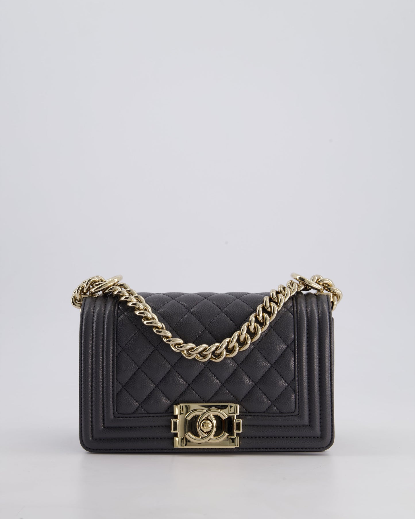 *HOT* Chanel Stone Grey Small Boy Bag in Caviar Leather with Champagne Gold Hardware