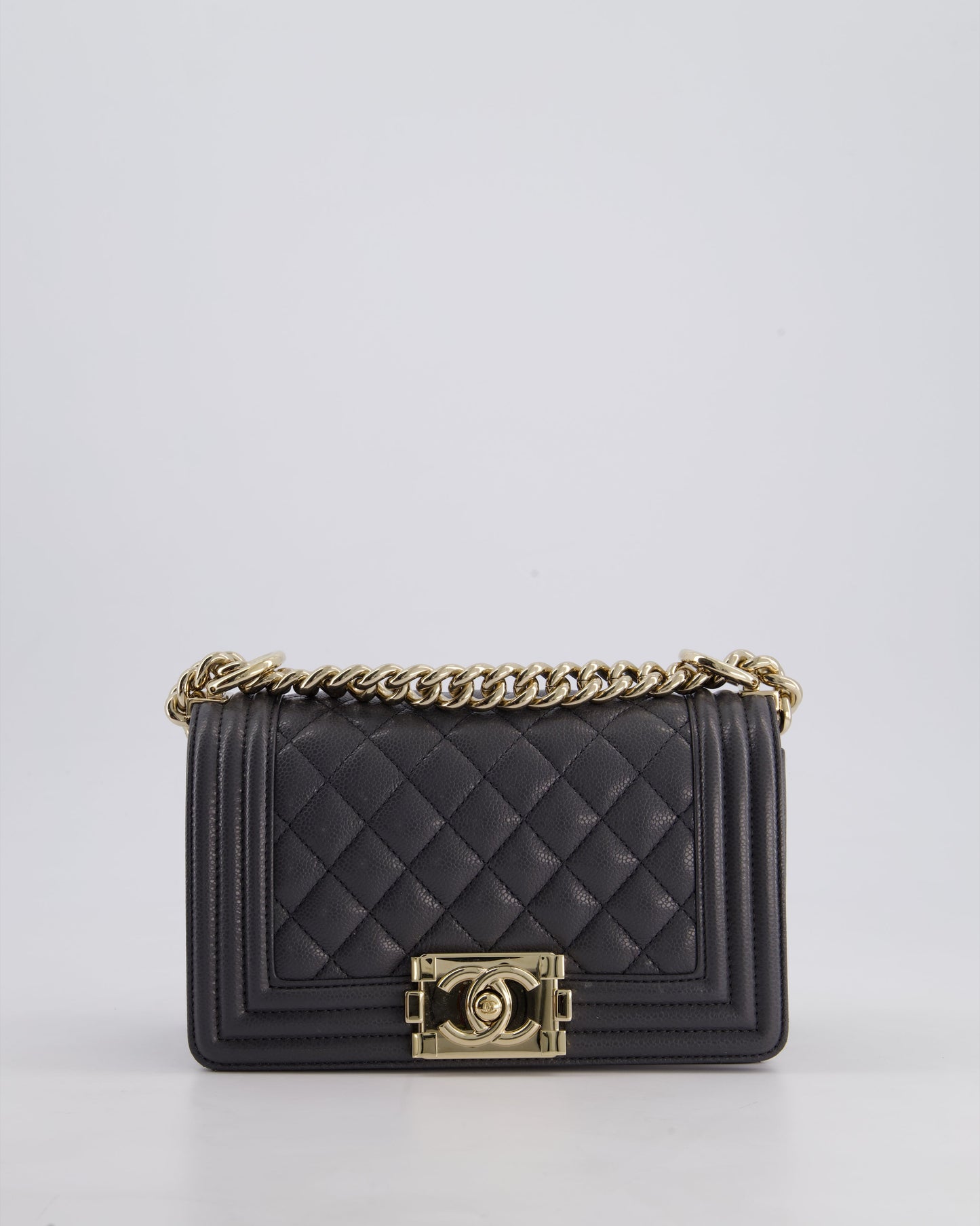 *HOT* Chanel Stone Grey Small Boy Bag in Caviar Leather with Champagne Gold Hardware