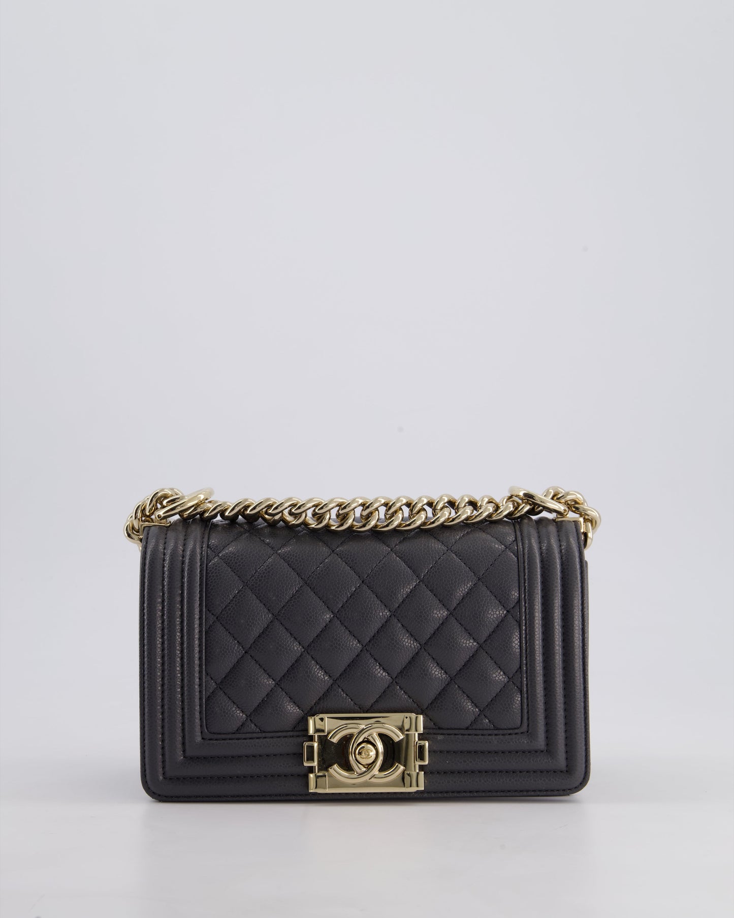 *HOT* Chanel Stone Grey Small Boy Bag in Caviar Leather with Champagne Gold Hardware