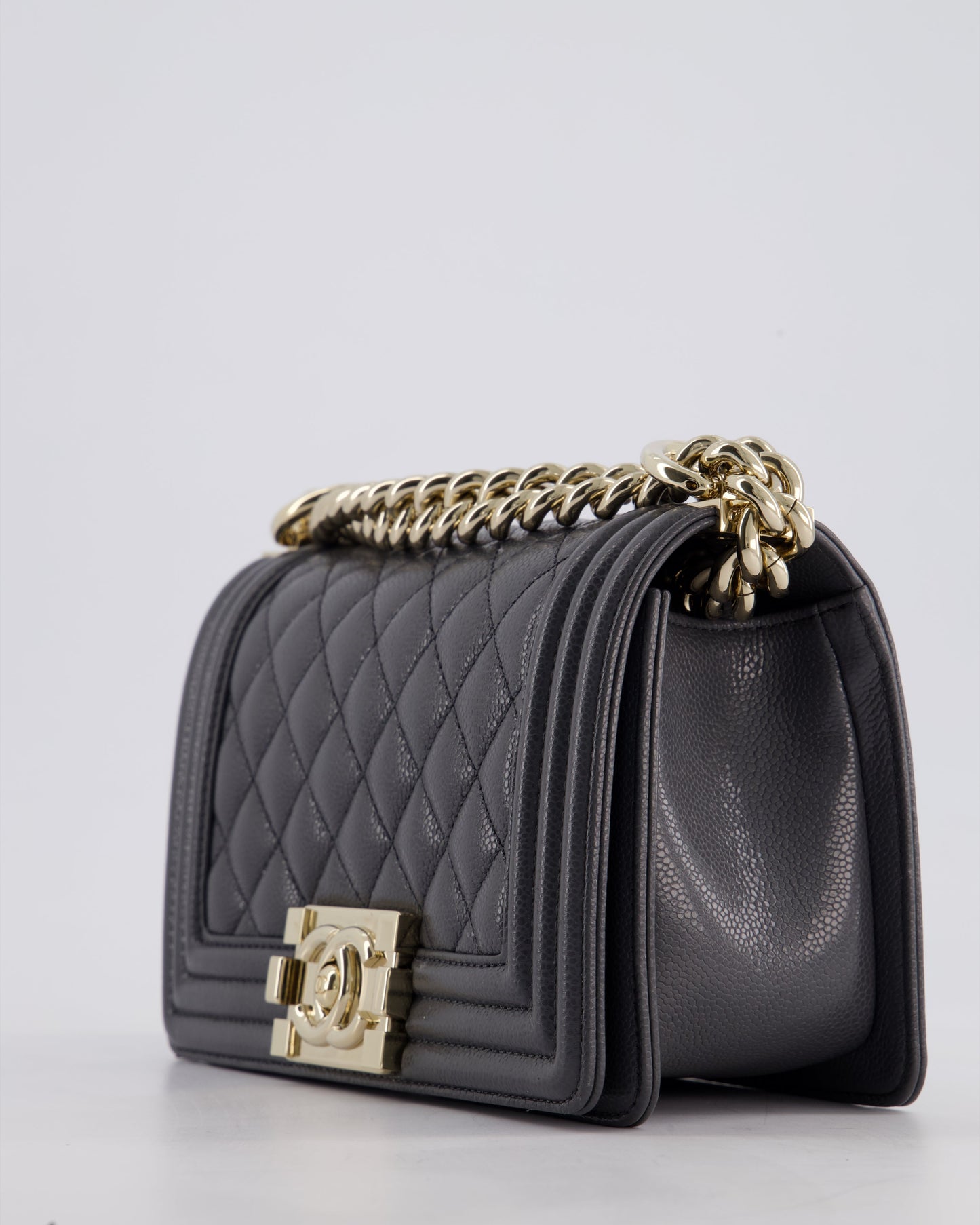 *HOT* Chanel Stone Grey Small Boy Bag in Caviar Leather with Champagne Gold Hardware