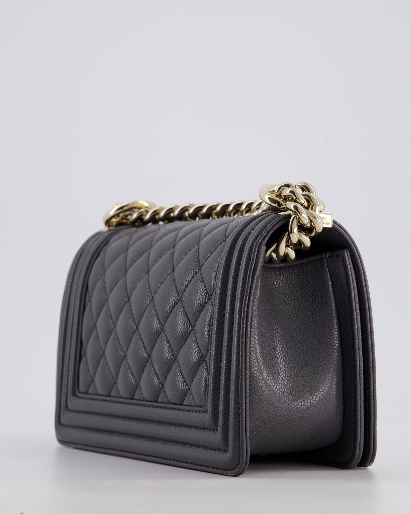 *HOT* Chanel Stone Grey Small Boy Bag in Caviar Leather with Champagne Gold Hardware