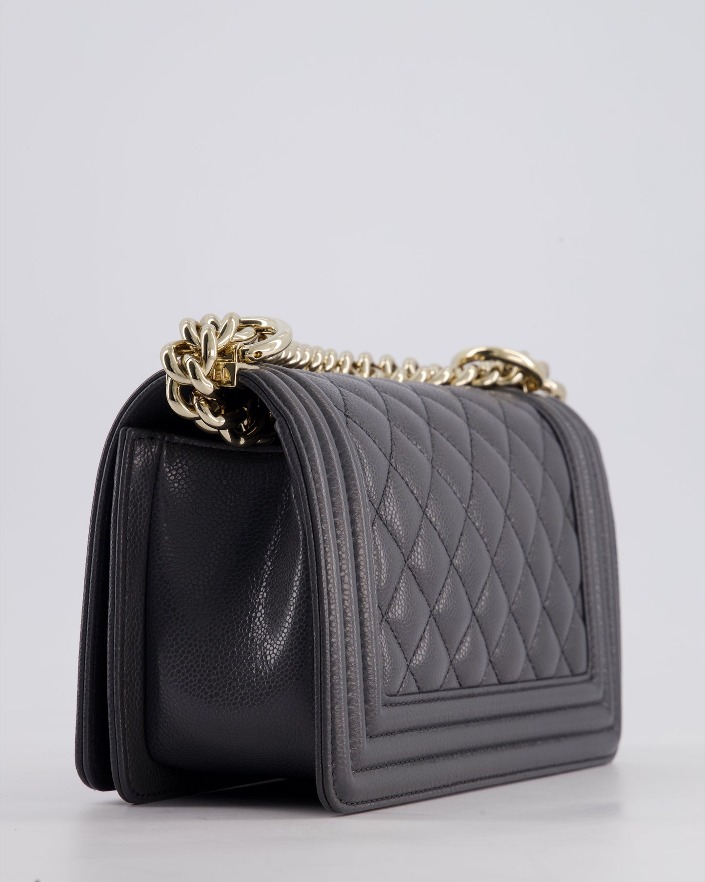 *HOT* Chanel Stone Grey Small Boy Bag in Caviar Leather with Champagne Gold Hardware