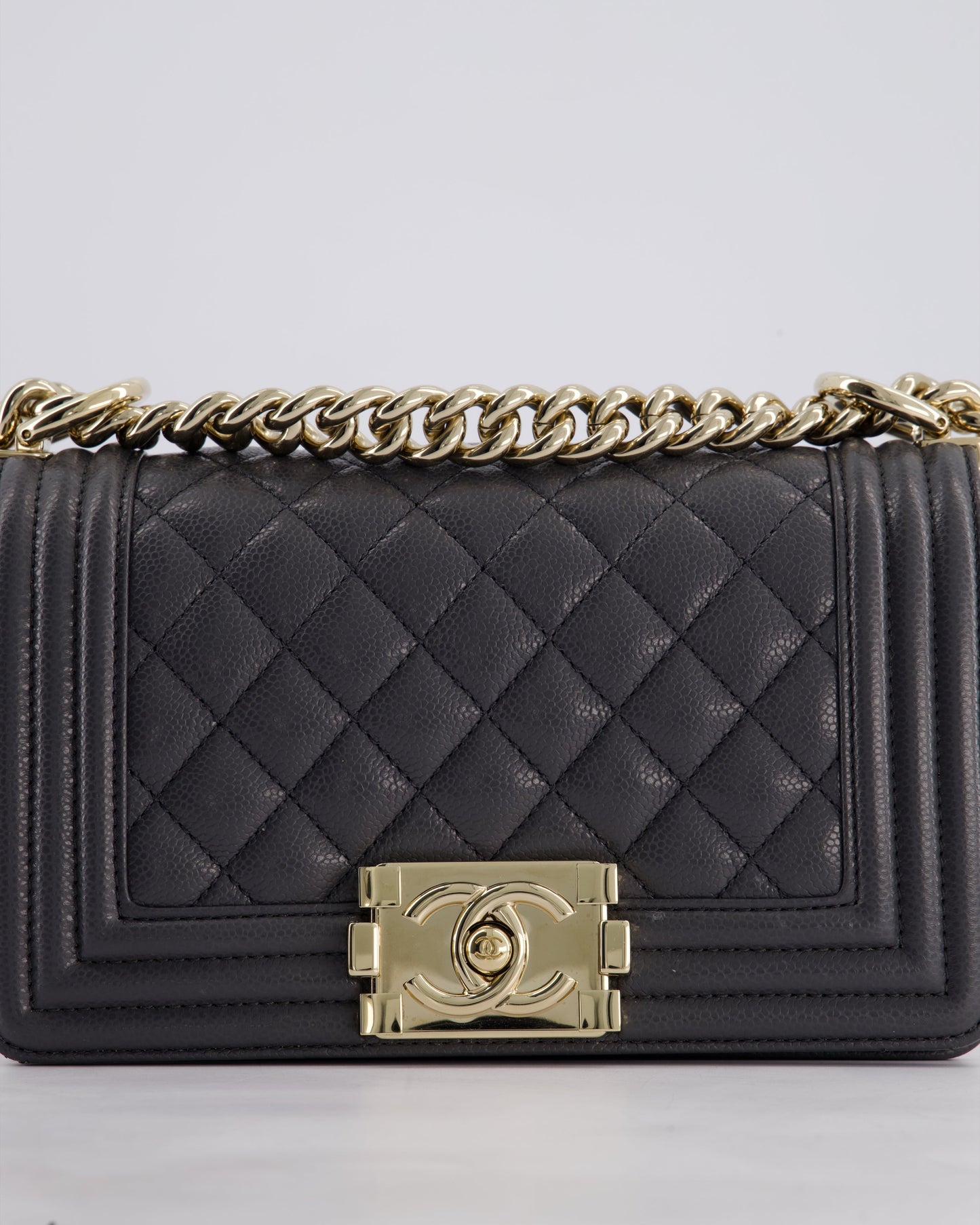 *HOT* Chanel Stone Grey Small Boy Bag in Caviar Leather with Champagne Gold Hardware