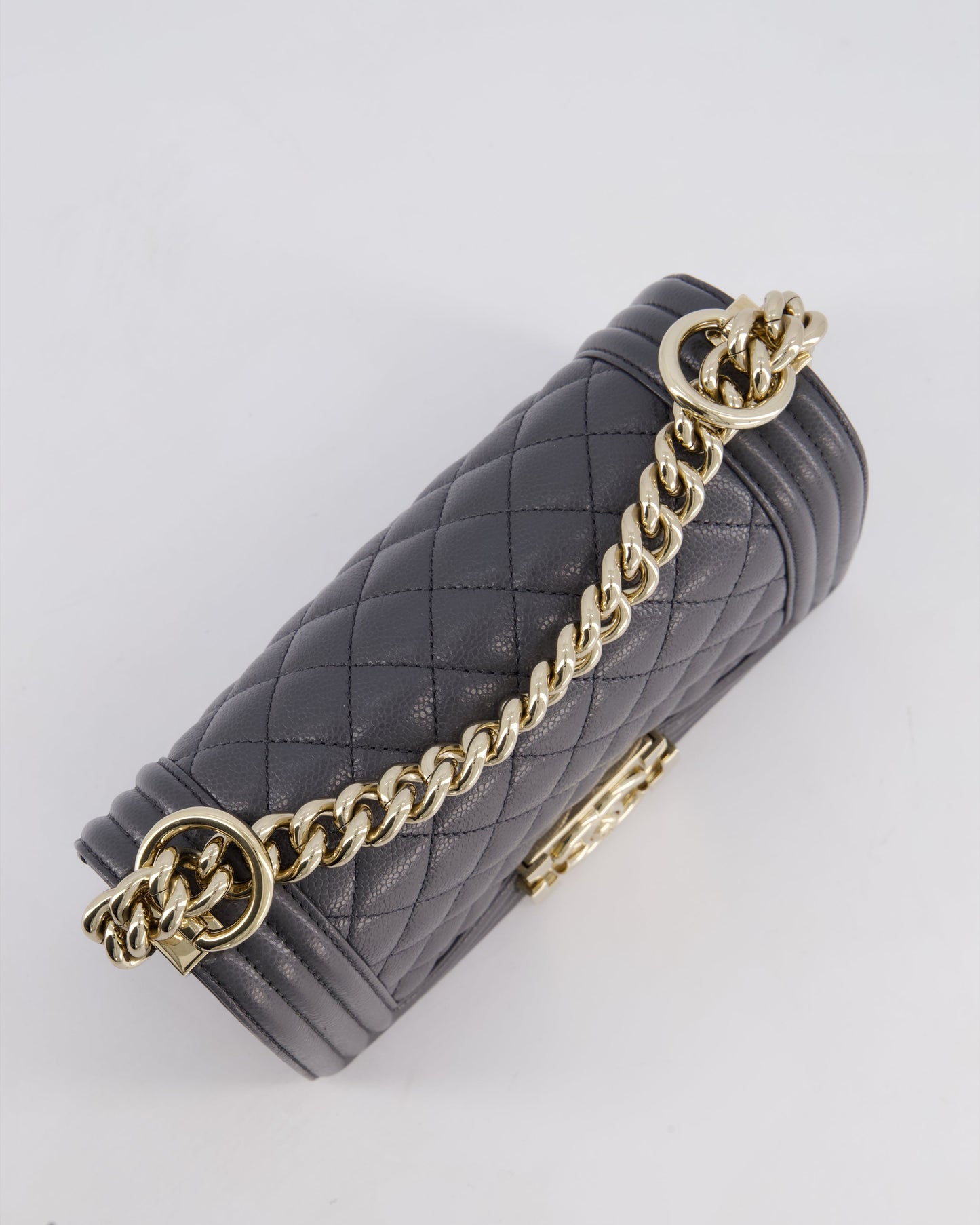 *HOT* Chanel Stone Grey Small Boy Bag in Caviar Leather with Champagne Gold Hardware