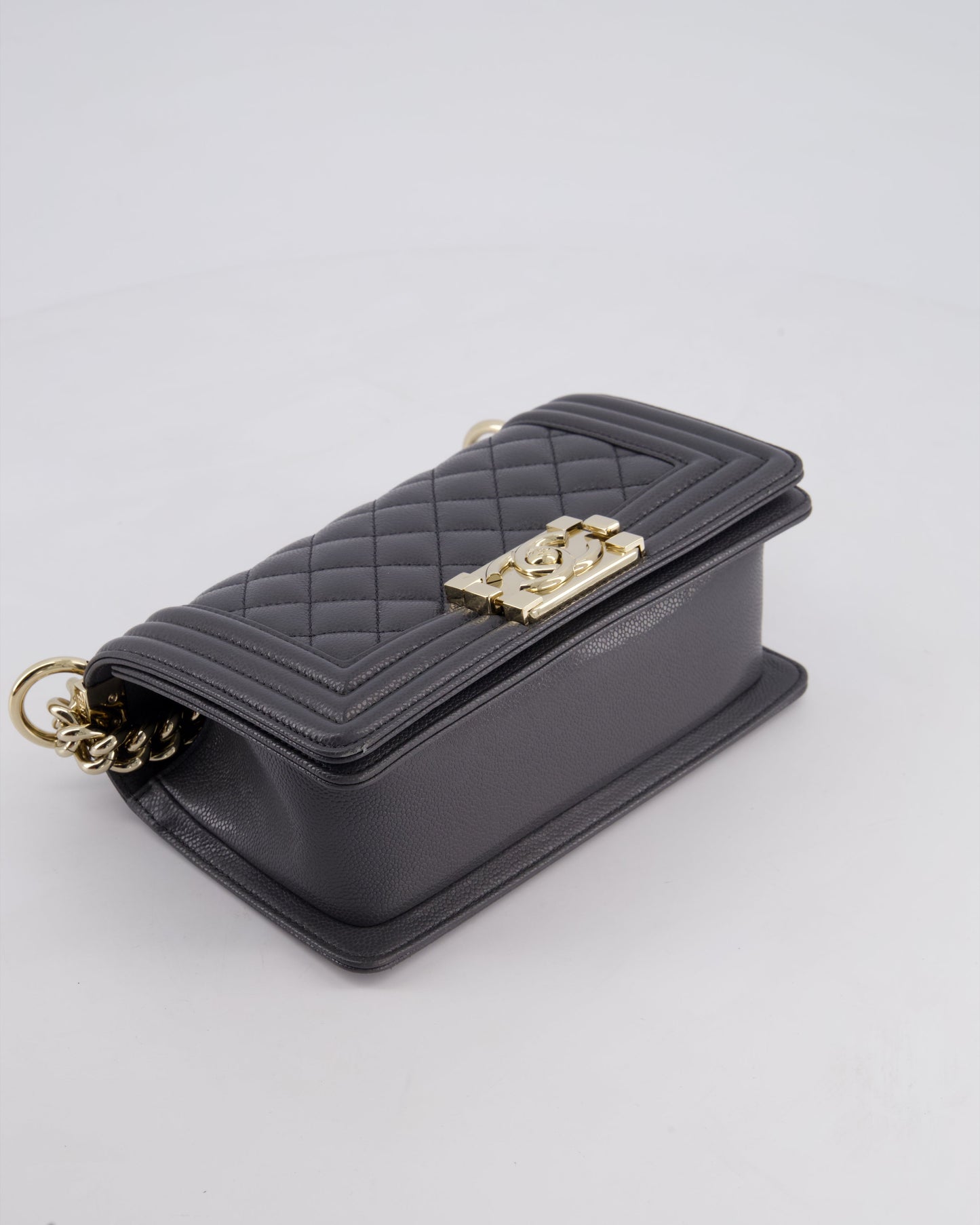 *HOT* Chanel Stone Grey Small Boy Bag in Caviar Leather with Champagne Gold Hardware