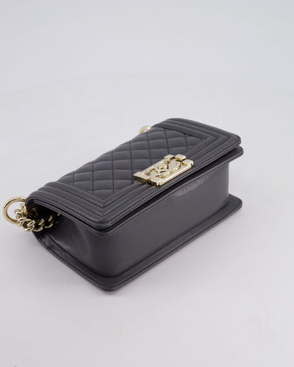 *HOT* Chanel Stone Grey Small Boy Bag in Caviar Leather with Champagne Gold Hardware