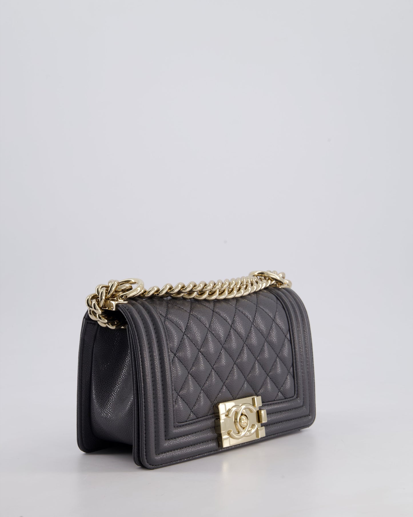 *HOT* Chanel Stone Grey Small Boy Bag in Caviar Leather with Champagne Gold Hardware
