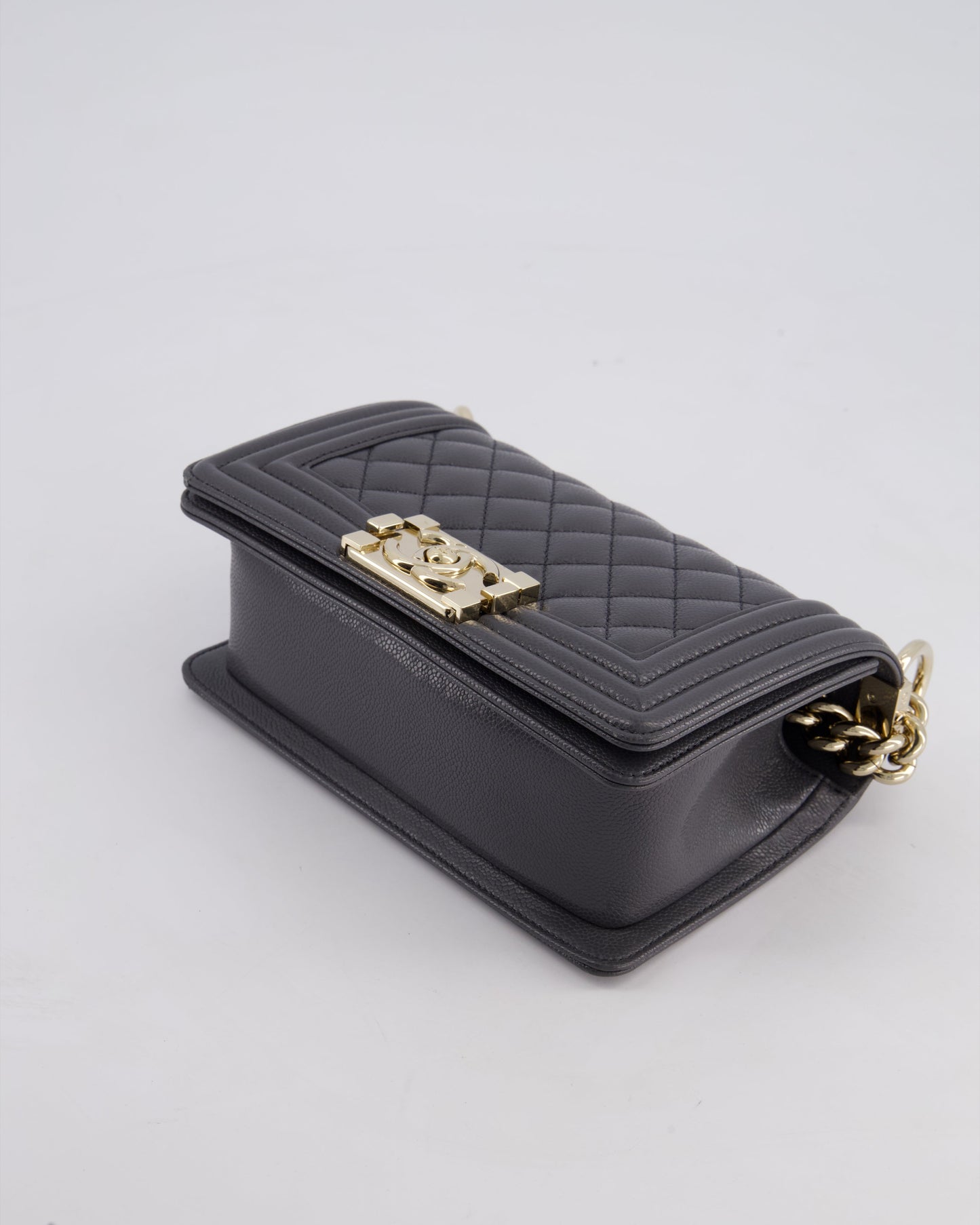 *HOT* Chanel Stone Grey Small Boy Bag in Caviar Leather with Champagne Gold Hardware