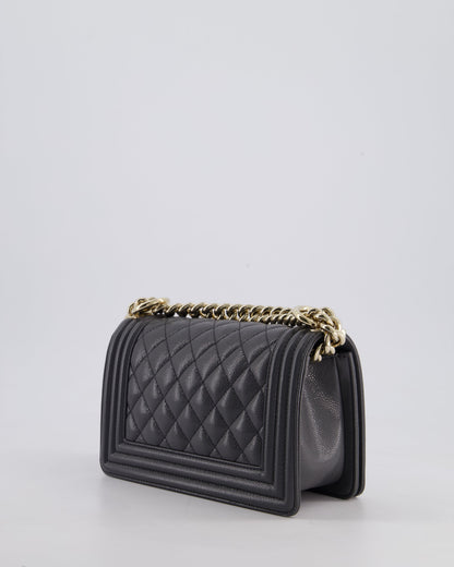 *HOT* Chanel Stone Grey Small Boy Bag in Caviar Leather with Champagne Gold Hardware