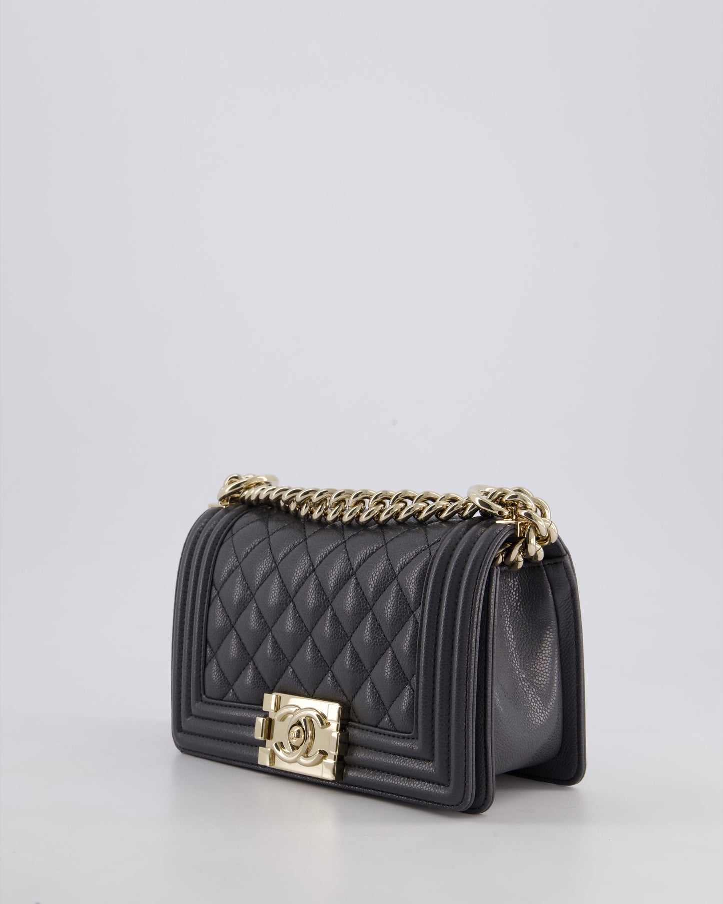 *HOT* Chanel Stone Grey Small Boy Bag in Caviar Leather with Champagne Gold Hardware
