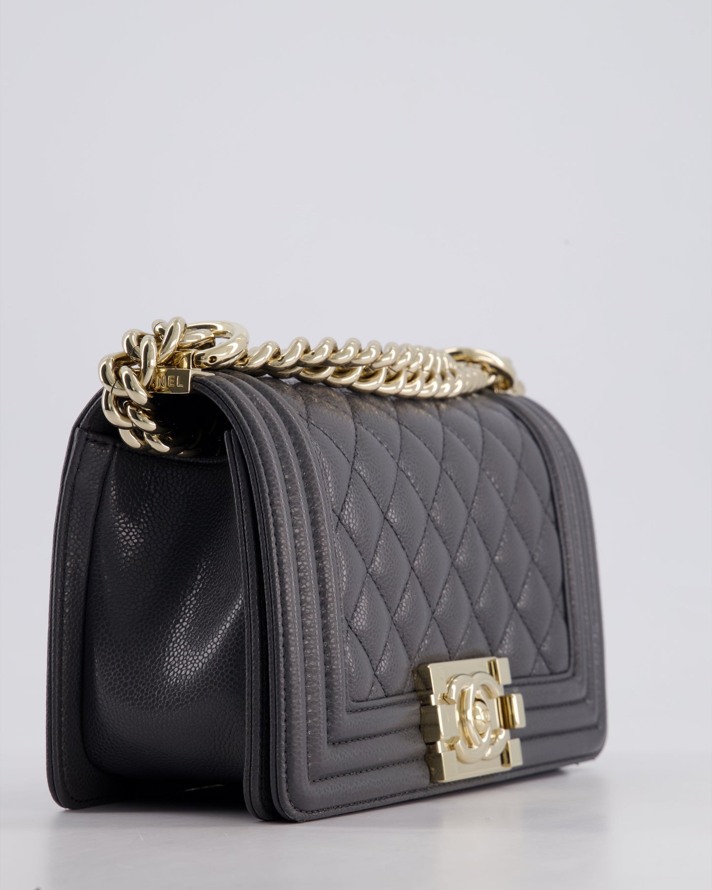 *HOT* Chanel Stone Grey Small Boy Bag in Caviar Leather with Champagne Gold Hardware