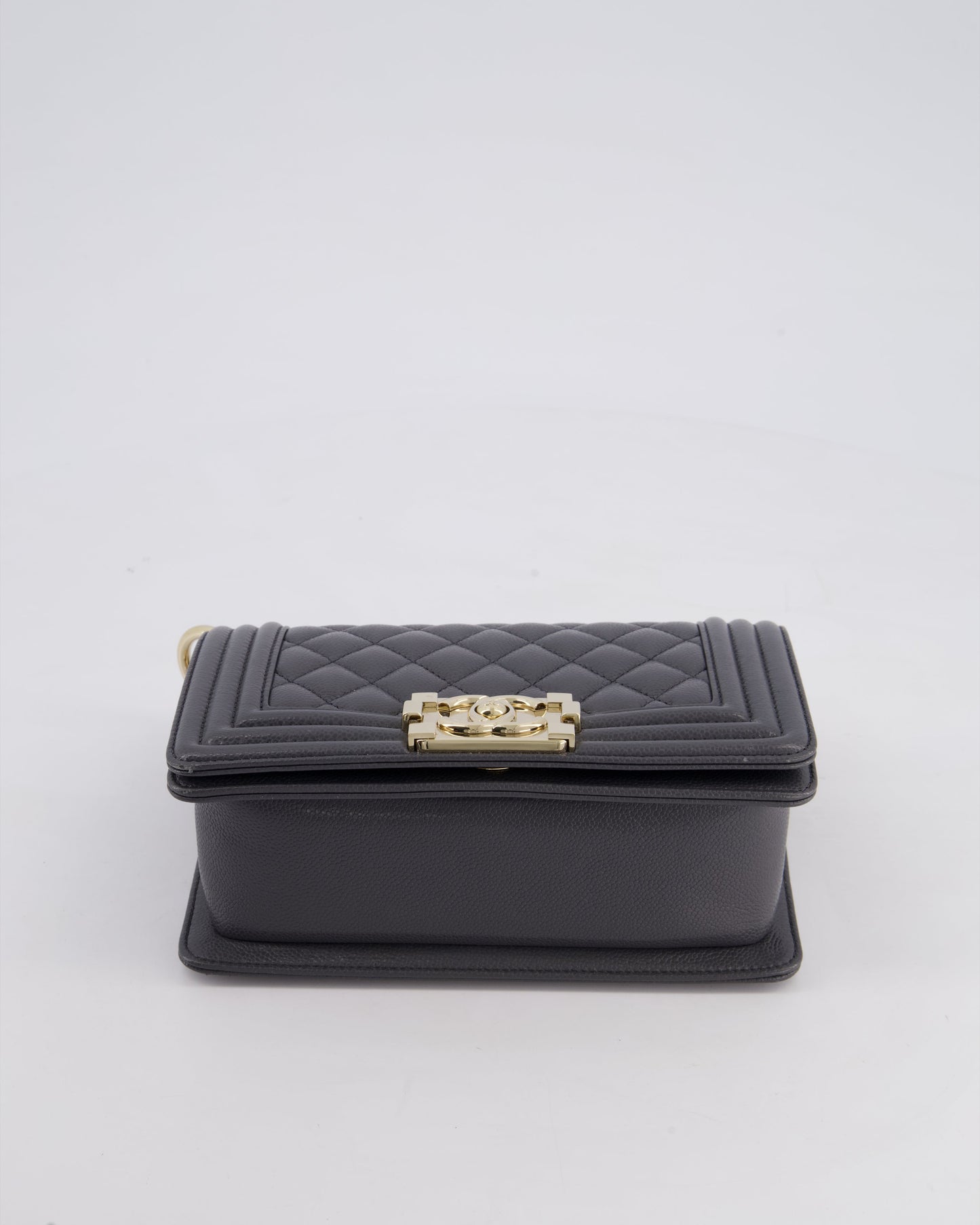 *HOT* Chanel Stone Grey Small Boy Bag in Caviar Leather with Champagne Gold Hardware