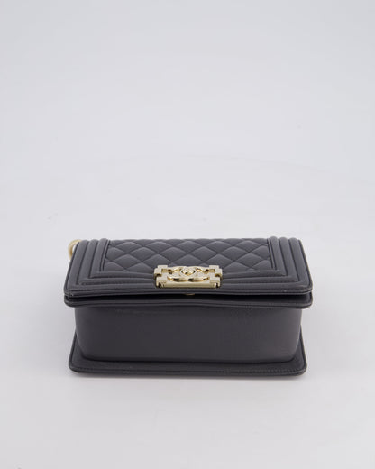 *HOT* Chanel Stone Grey Small Boy Bag in Caviar Leather with Champagne Gold Hardware