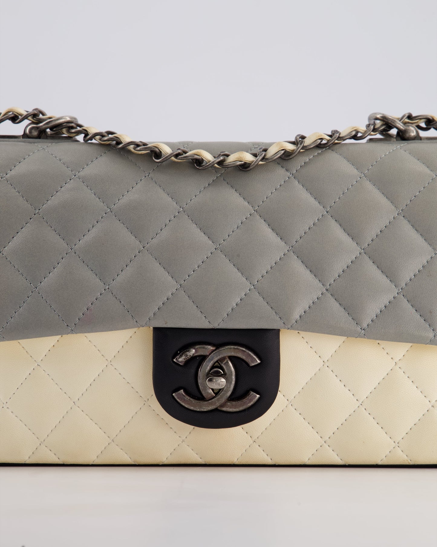 Chanel Beige Grey, White and Grey Timeless Medium Single Flap with Aged Ruthenium Hardware Bag