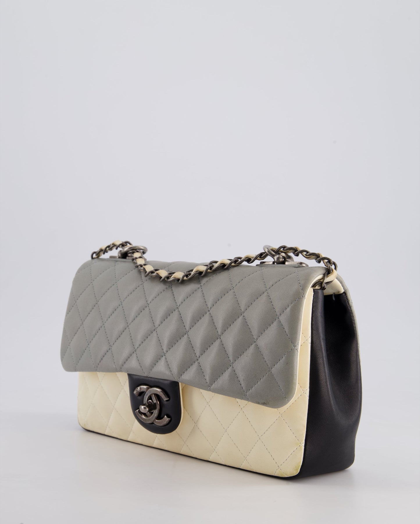 Chanel Beige Grey, White and Grey Timeless Medium Single Flap with Aged Ruthenium Hardware Bag