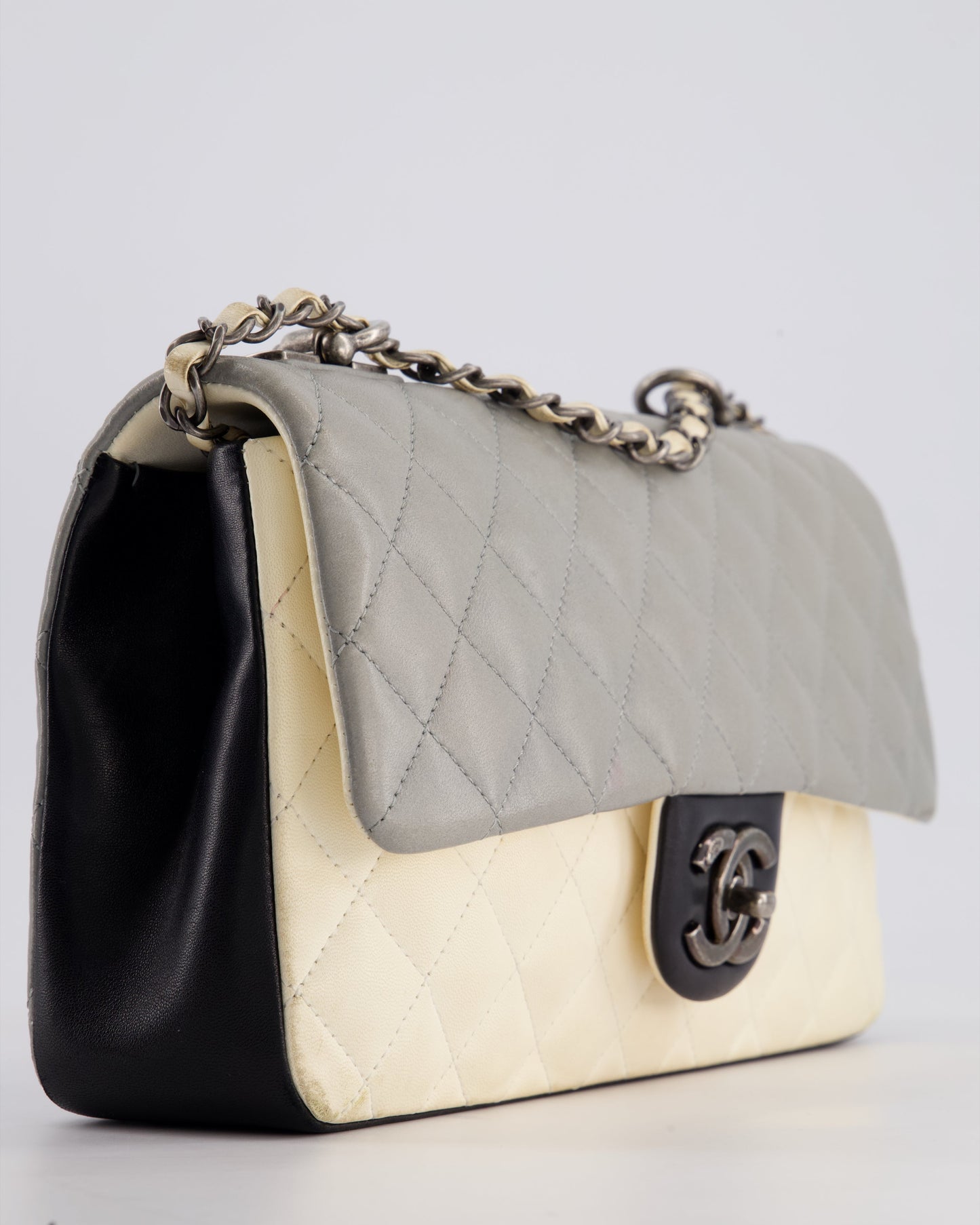 Chanel Beige Grey, White and Grey Timeless Medium Single Flap with Aged Ruthenium Hardware Bag