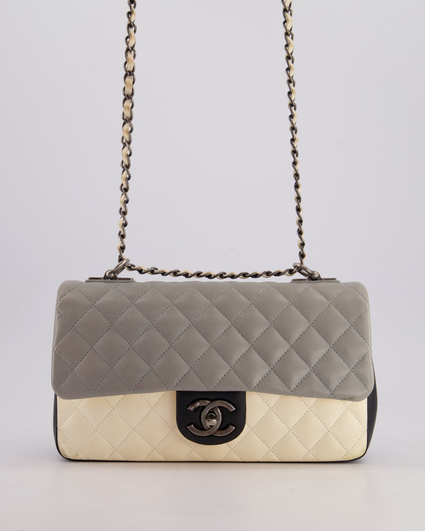 Chanel Beige Grey, White and Grey Timeless Medium Single Flap with Aged Ruthenium Hardware Bag