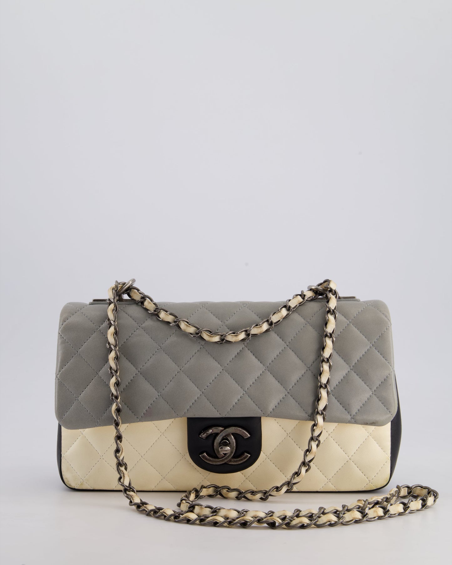 Chanel Beige Grey, White and Grey Timeless Medium Single Flap with Aged Ruthenium Hardware Bag