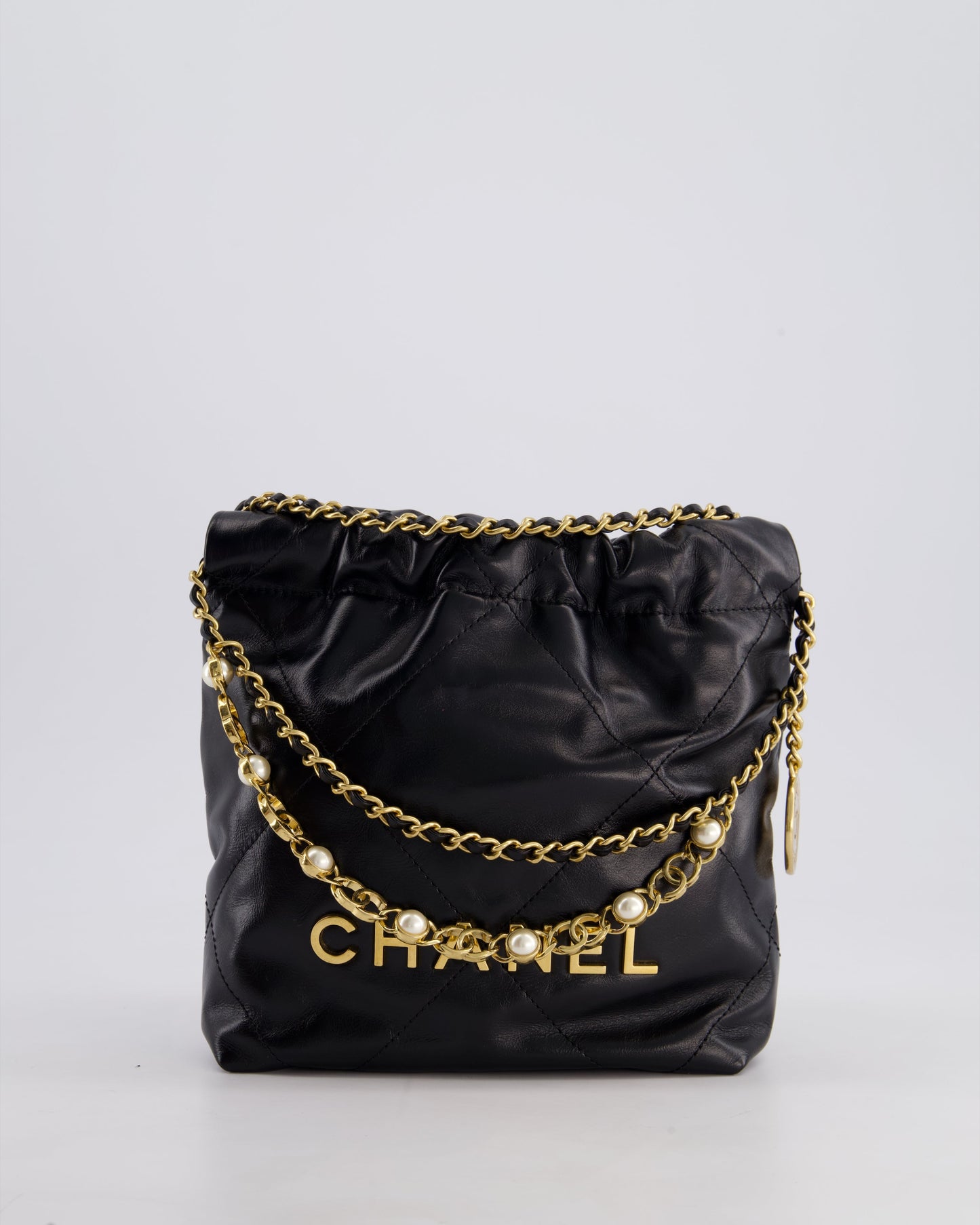 *RARE* Chanel Mini 22 Bag in Black Shiny Calfskin with Gold Hardware and Pearls CC Chain Detail