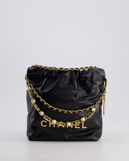 *RARE* Chanel Mini 22 Bag in Black Shiny Calfskin with Gold Hardware and Pearls CC Chain Detail