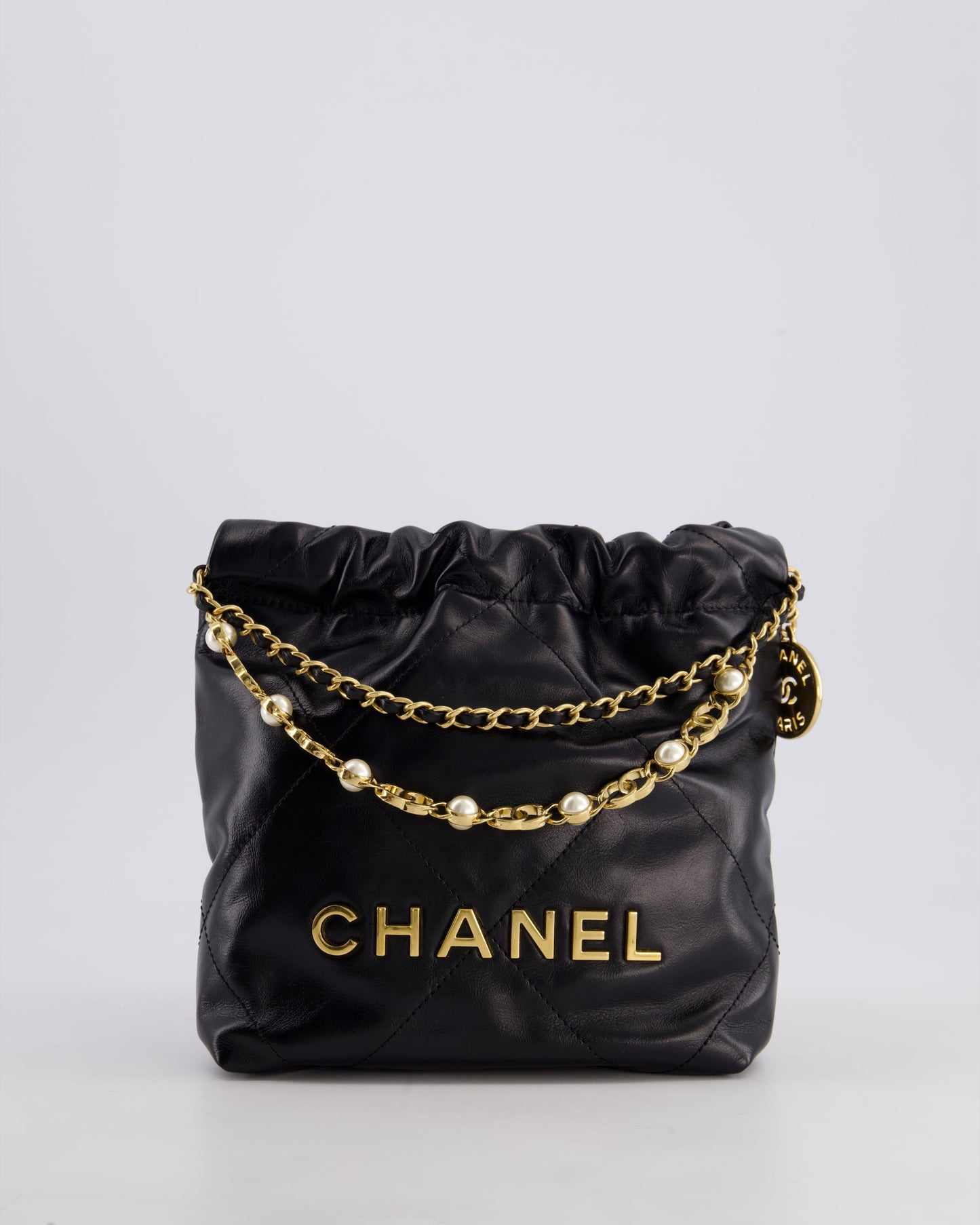 *RARE* Chanel Mini 22 Bag in Black Shiny Calfskin with Gold Hardware and Pearls CC Chain Detail