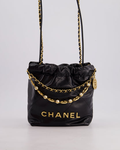 *RARE* Chanel Mini 22 Bag in Black Shiny Calfskin with Gold Hardware and Pearls CC Chain Detail