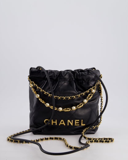 *RARE* Chanel Mini 22 Bag in Black Shiny Calfskin with Gold Hardware and Pearls CC Chain Detail