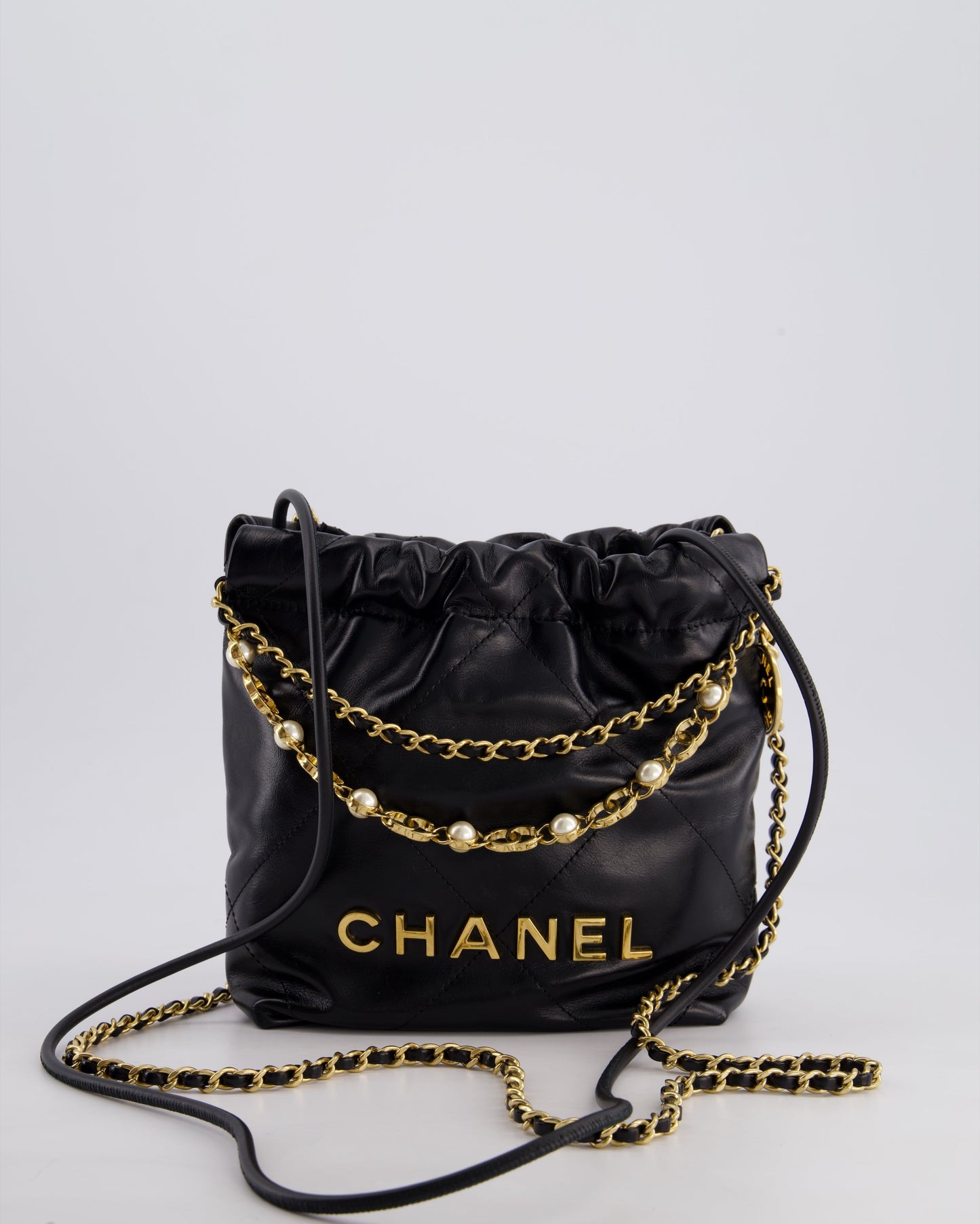 *RARE* Chanel Mini 22 Bag in Black Shiny Calfskin with Gold Hardware and Pearls CC Chain Detail