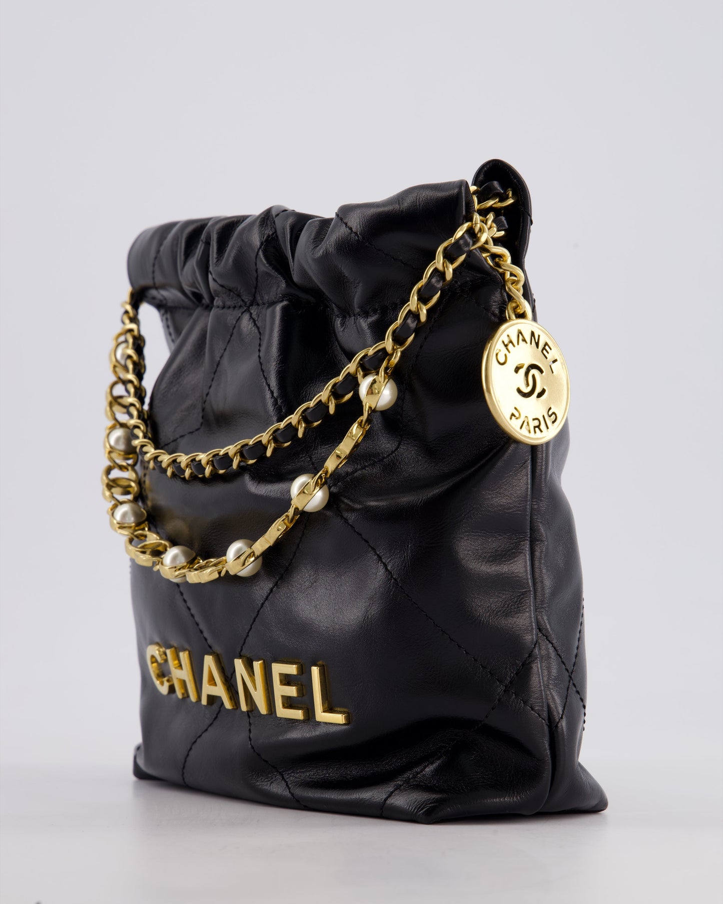 *RARE* Chanel Mini 22 Bag in Black Shiny Calfskin with Gold Hardware and Pearls CC Chain Detail