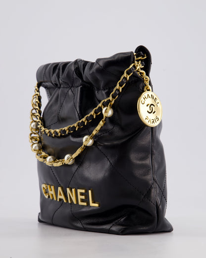 *RARE* Chanel Mini 22 Bag in Black Shiny Calfskin with Gold Hardware and Pearls CC Chain Detail