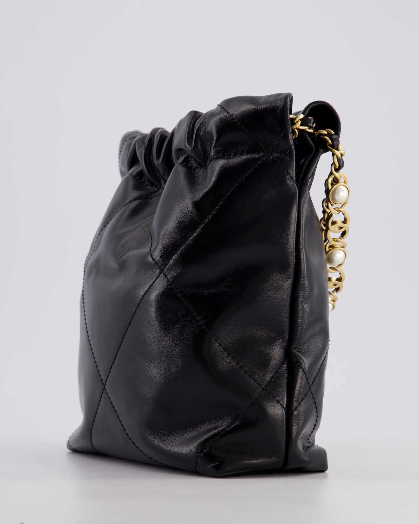 *RARE* Chanel Mini 22 Bag in Black Shiny Calfskin with Gold Hardware and Pearls CC Chain Detail