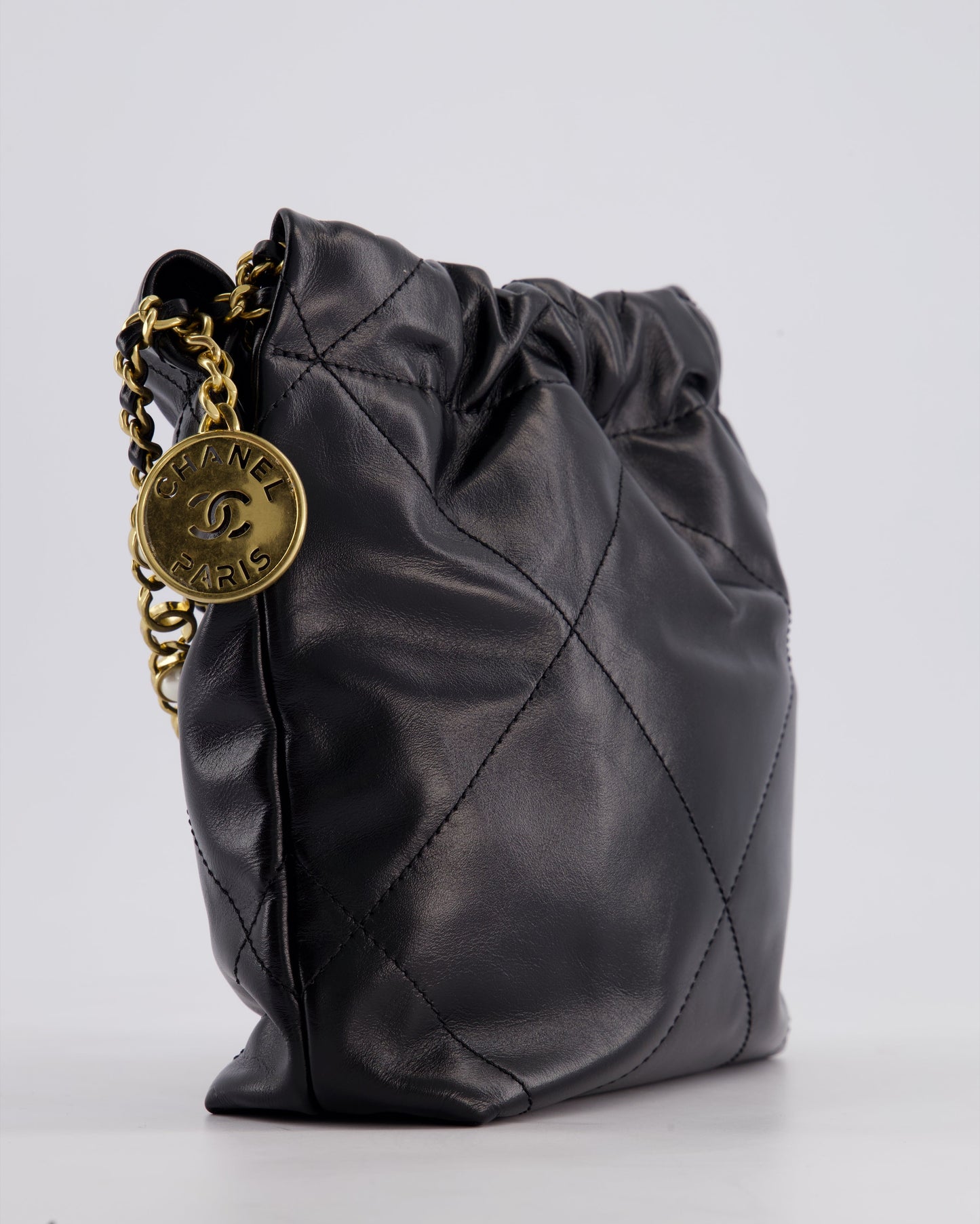 *RARE* Chanel Mini 22 Bag in Black Shiny Calfskin with Gold Hardware and Pearls CC Chain Detail