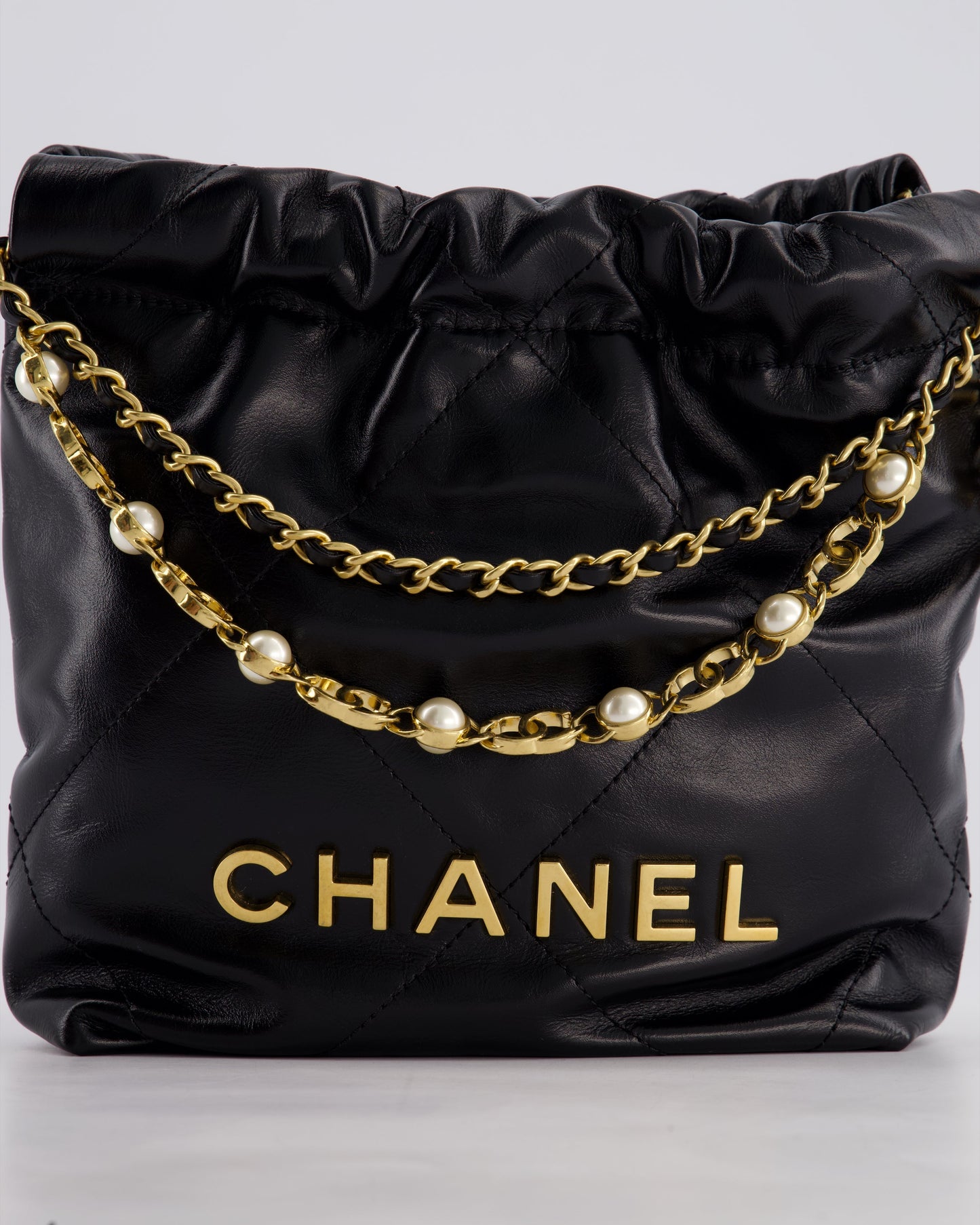*RARE* Chanel Mini 22 Bag in Black Shiny Calfskin with Gold Hardware and Pearls CC Chain Detail