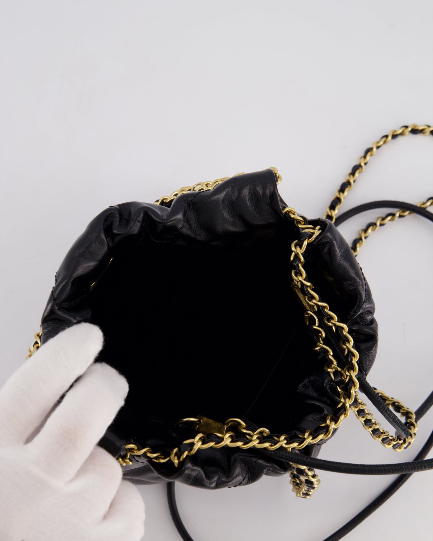 *RARE* Chanel Mini 22 Bag in Black Shiny Calfskin with Gold Hardware and Pearls CC Chain Detail