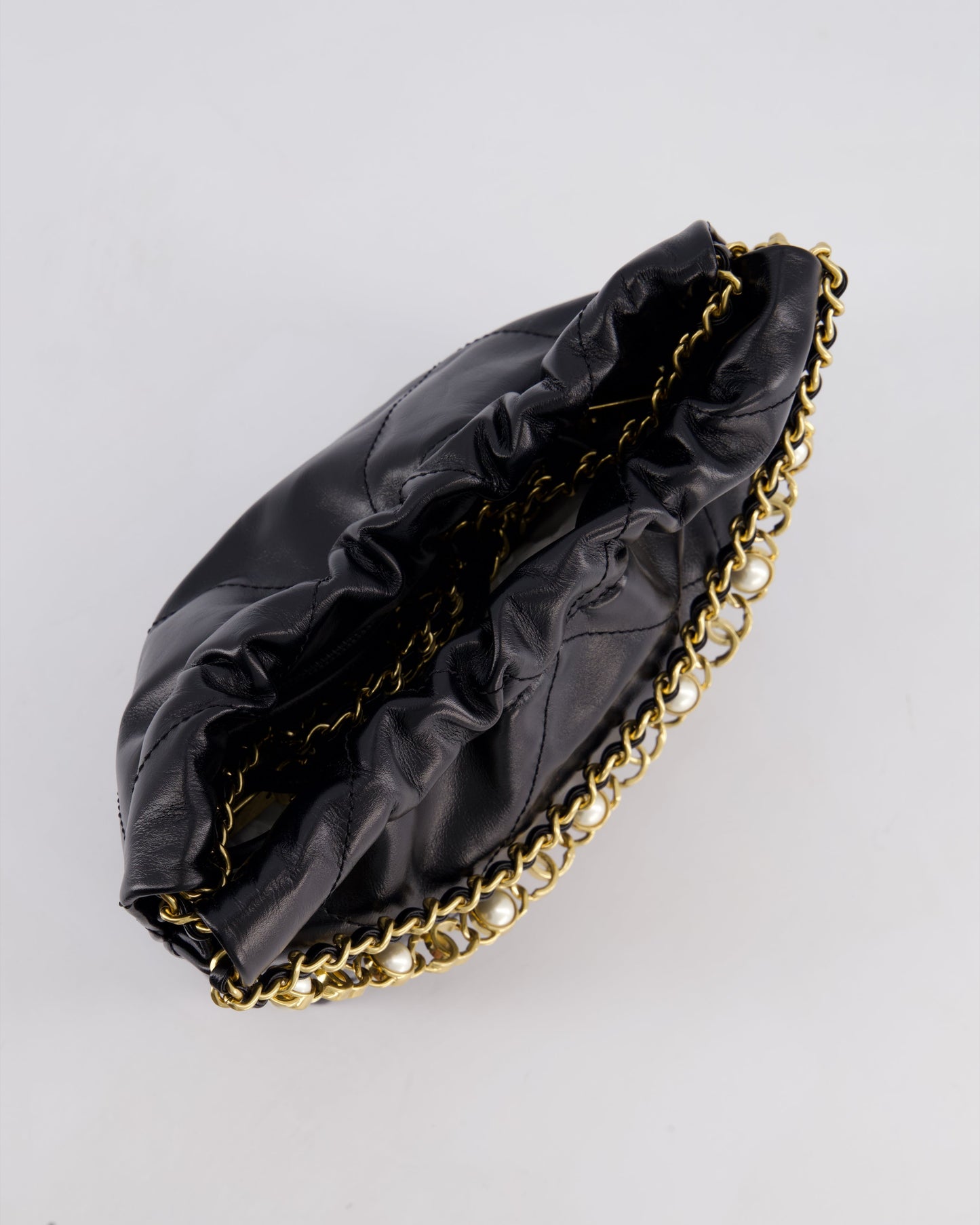 *RARE* Chanel Mini 22 Bag in Black Shiny Calfskin with Gold Hardware and Pearls CC Chain Detail