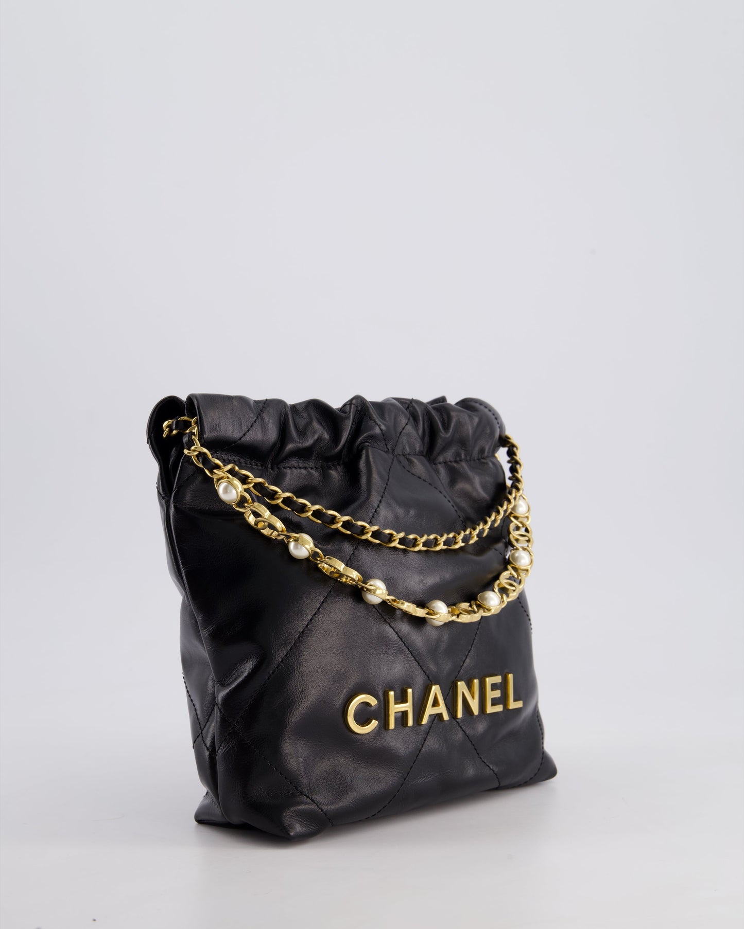 *RARE* Chanel Mini 22 Bag in Black Shiny Calfskin with Gold Hardware and Pearls CC Chain Detail