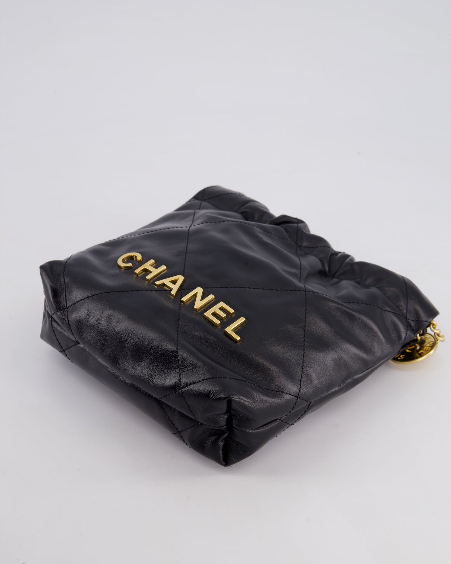 *RARE* Chanel Mini 22 Bag in Black Shiny Calfskin with Gold Hardware and Pearls CC Chain Detail