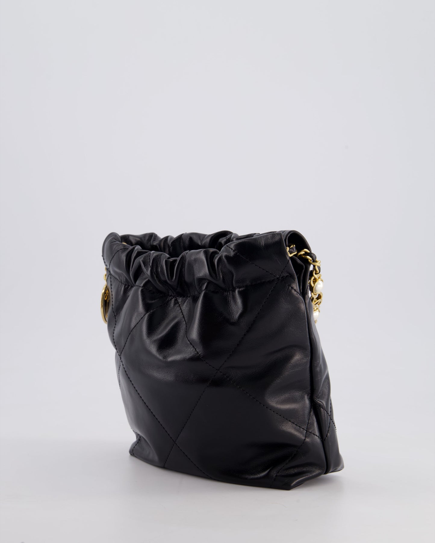 *RARE* Chanel Mini 22 Bag in Black Shiny Calfskin with Gold Hardware and Pearls CC Chain Detail