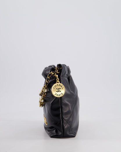 *RARE* Chanel Mini 22 Bag in Black Shiny Calfskin with Gold Hardware and Pearls CC Chain Detail